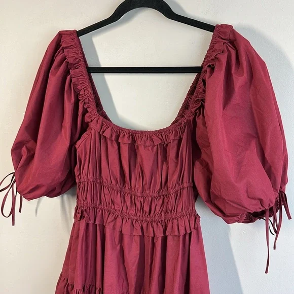 En Saison Maroon Puff Sleeve Tiered Cotton Midi Dress M Cottagecore Milkmaid - Picture 16 of 16